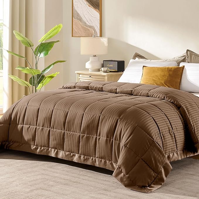 downluxe Queen Size Blanket with Satin Trim, Lightweight Down Alternative Blankets Queen Size for All Season, Machine Washable (Brown, 90x90 Inch)