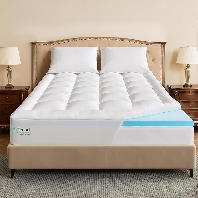 Queen Size 4 Inch Memory Foam Mattress Topper,Dual Layer Medium Support 2" Gel Memory Foam and 2" Mattress Pad for Back Pain Relief,Tencel Fabric,CertiPur-US Certified,White