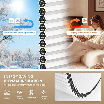 LazBlinds No Tools No Drill Cordless Cellular Shades, Blackout Light Blocking Honeycomb Shades for Home, Thermal Insulation Blinds for Windows, 22" W x 48" H, White