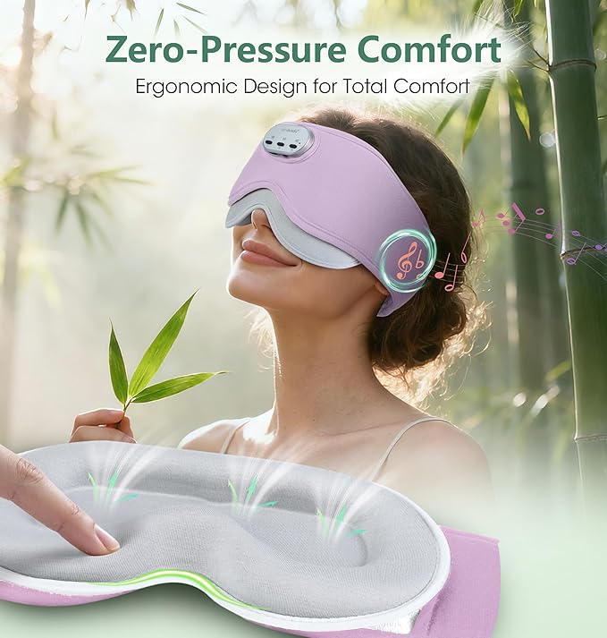 LC-dolida Voice Control Bluetooth Sleep Mask, Bamboo Cotton Bluetooth Sleep Headphones with 3D Zero-Pressure Cups and Timer Setting, Total Blackout Sleep Eye Mask for Side Sleepers, Purple