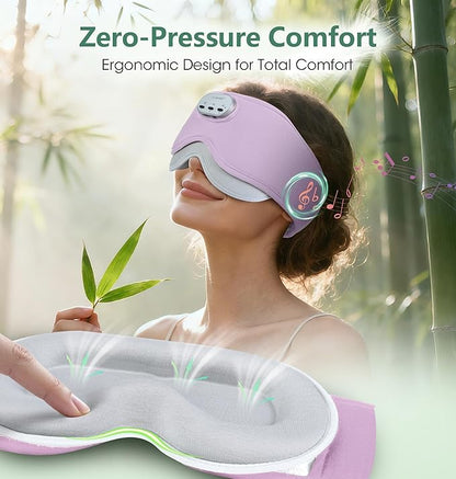 LC-dolida Voice Control Bluetooth Sleep Mask, Bamboo Cotton Bluetooth Sleep Headphones with 3D Zero-Pressure Cups and Timer Setting, Total Blackout Sleep Eye Mask for Side Sleepers, Purple