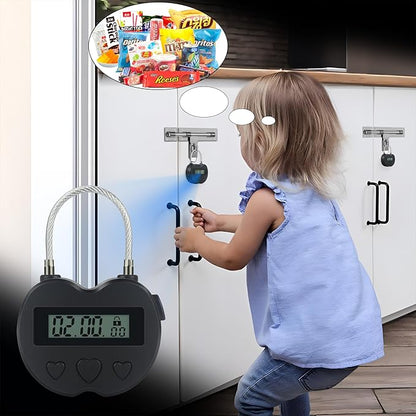 Heart Metal Timer Lock, USB Rechargeable Timer Compact Padlock with 1m Spring Cord, Up to 99 Hours Timed Self-Regulation Anti-Addiction Timer Padlock (Black)