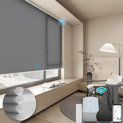 Motorized Cellular Shades with Remote, Light Filtering Smart Cellular Shades Compatible with Alexa, Honeycomb Window Blinds for Bedroom Home Office, Custom Size, Half Shading Grey