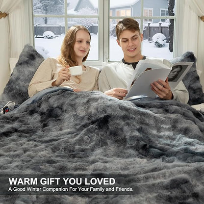 Faux Fur Heated Blanket Queen Size 84"X90" - Bubble Faux Fur Electric Blanket Fluffy Soft Fuzzy with 6 Fast Heating Levels & 10 hrs Timer Settings, Washable & ETL Certified for Bed, Tie-Dye Blue
