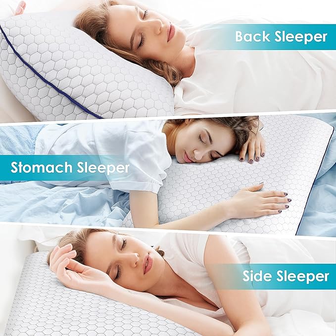 2 Pack Memory Foam Pillows for Side, Back and Stomach Sleepers, Bed Pillow with Washable Cover and Breathable Mesh, Bed Pillow for Sleeping, Grey，Standard Size