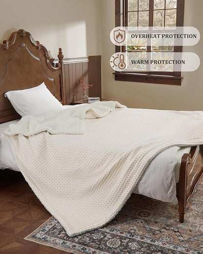 CAROMIO Heated Blanket Queen Size with LCD Dual Controller, Waffle Weave Fast Heating Electric Blankets, 10 Heat Levels & 1-12H Time Settings, ETL Certified, Machine Washable, Beige, 84" x 90"