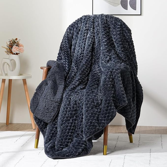 Wemore Fleece Weighted Blanket for Adults (60" x 80" 20lbs, Grey-Blue), Dual Sided Cozy Soft Sherpa Heavy Blanket, 3D Imitation Turtle Shell Warm Jacquard Flannel Weighted Blankets for Couch and Bed