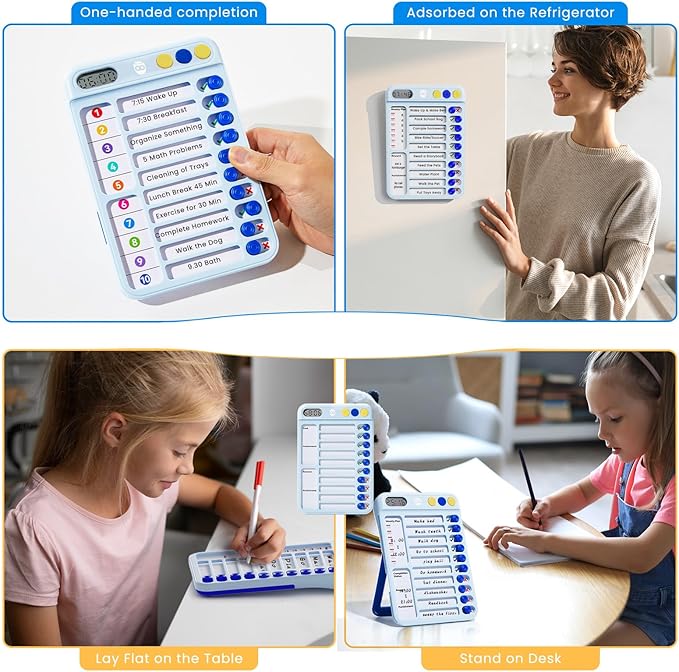 Magnetic Chore Chart for Kids with Timer, Visual Schedule for Kids, ADHD Tools to Do List, Checklist with 99-Min Countup/Countdown Chore Board with Sliders & Dry-Erase Sheets (Blue)