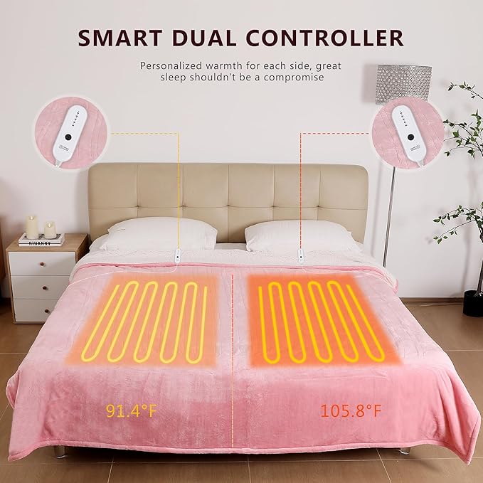 ESTINGO Heated Blanket King, Dual Control Electric Blanket King Size with 5 Heating Levels & 10 Hours Auto Off, Machine Washable Plush Heating Blanket for Bed Office 100" x 90", Pale Pink