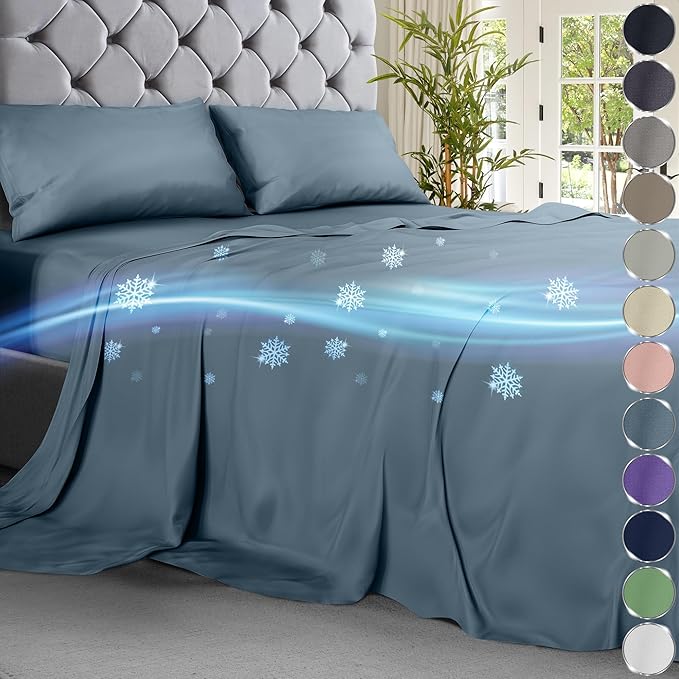 DECOLURE Cooling Bed Sheets Cal-King Set 4pcs - Luxurious & Soft California King Size Cooling Sheets for Hot Sleepers - Comfy & Cool California King Bamboo Viscose Microfiber Sheets (Light Blue)