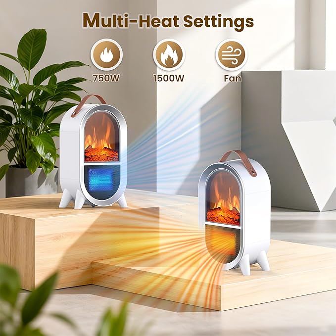 Portable Electric Fireplace Heater, 1500W/750W Mini Space Heater for Indoor Use with 3D Flame, Thermostat, Carry Handle, Overheat & Tipover Protection, for Home Office Bedroom Desk, White