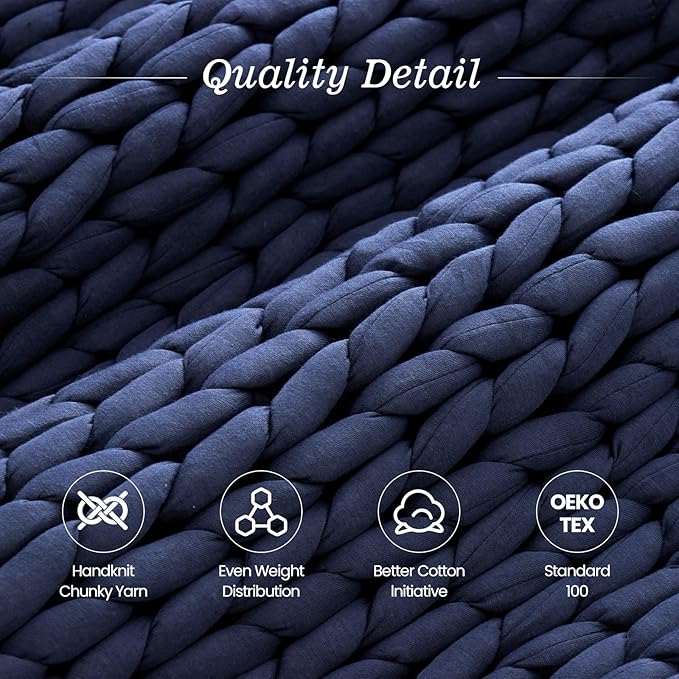 Hand-Knit Weighted Blanket for Adults, Chunky Knit Blanket, Cooling,Breathable,Sustainable,Machine Washable,Organic Cotton,Valentine's Day Birthday Gifts for Mom Women(Blue,40"*60",8lbs)