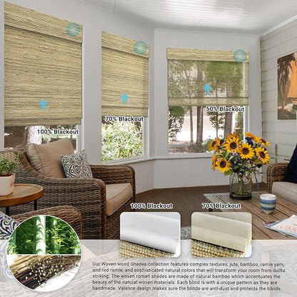 SmartWings Motorized Natural Woven Wood Shades for Windows, Electric Roman Shades with Remote for Bedroom Living Room, Work with Matter Zigbee Alexa Z-Wave Google Home, Customized, Ramie 390