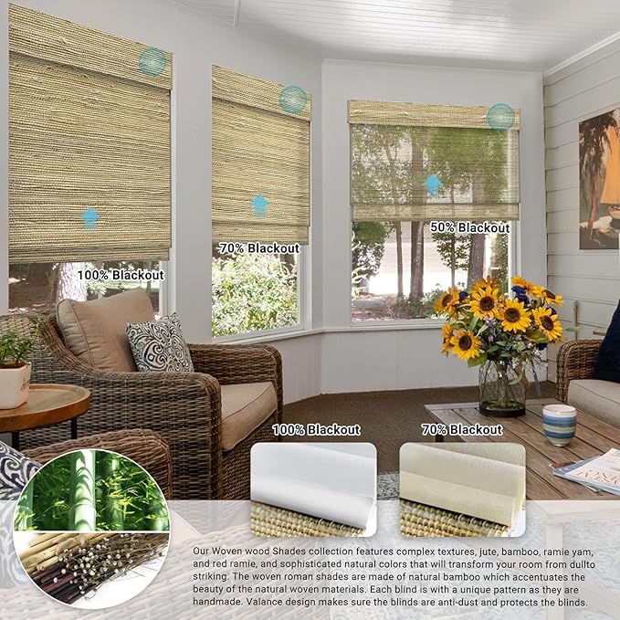 SmartWings Motorized Wood Blinds Smart Wooven Shades Blackout/Light fitlering for Windows, with Remote for Bedroom Living Room, Work with Matter Zigbee Alexa Z-Wave Google Home, Customized, Ramie 390