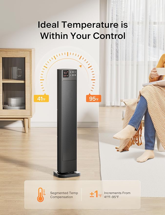 PELONIS 30” Ceramic Tower Space Heater with Adjustable Thermostat for Large Room, 75° Oscillation, Remote Control & 12H Timer, Tip-Over Switch & Overheating Protection, 1500W, PHF15RSAPH30, Black