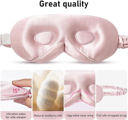 LitBear 100% 22 Momme Mulberry Silk Sleep Mask - 3D Contoured Eye Mask for Men Women, Soft Breathable Sleeping Mask with Adjustable Strap, Perfect Blocks Light for Sleeping (Light Pink)