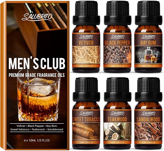 SALUBRITO Men's Club Fragrance Oils, Wood Essential Oil Set for Diffuser, Soap, Candle Making - Sandalwood, Teakwood, Sweet Tobacco, Bay Rum, Black Pepper, Vetiver, Gentlemen Scented Oil