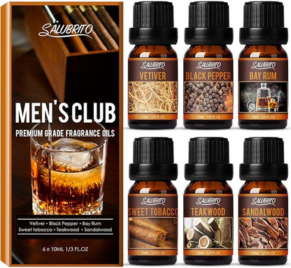 SALUBRITO Men's Club Fragrance Oils, Wood Essential Oil Set for Diffuser, Soap, Candle Making - Sandalwood, Teakwood, Sweet Tobacco, Bay Rum, Black Pepper, Vetiver, Gentlemen Scented Oil