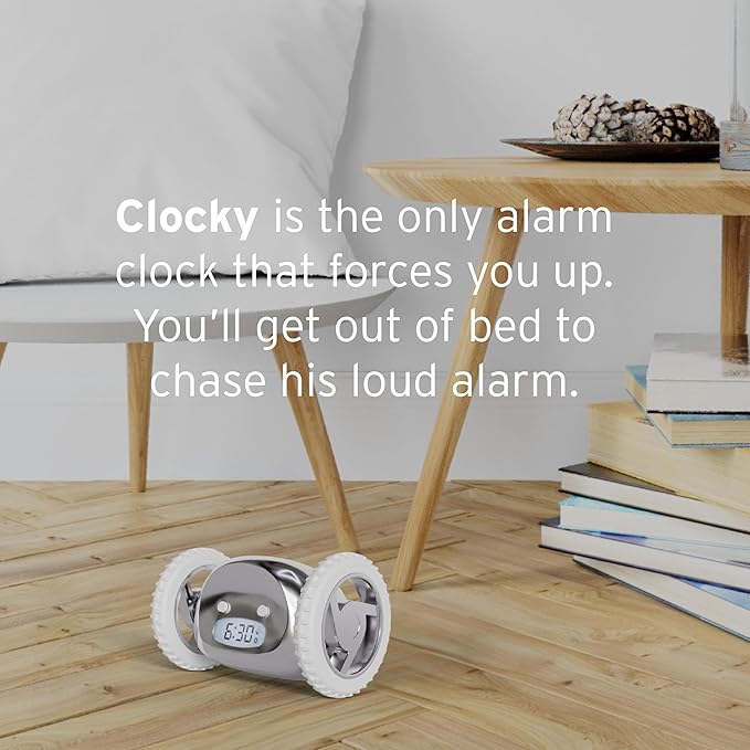 CLOCKY Extra Super Loud Alarm Clock for Heavy Sleepers Adults Kids Teens Bedroom, Move Jump Roll Run Away Easy to Set Smart Digital Mirror Alarm Clock on Wheels -Funny Gag Gift (Chrome)