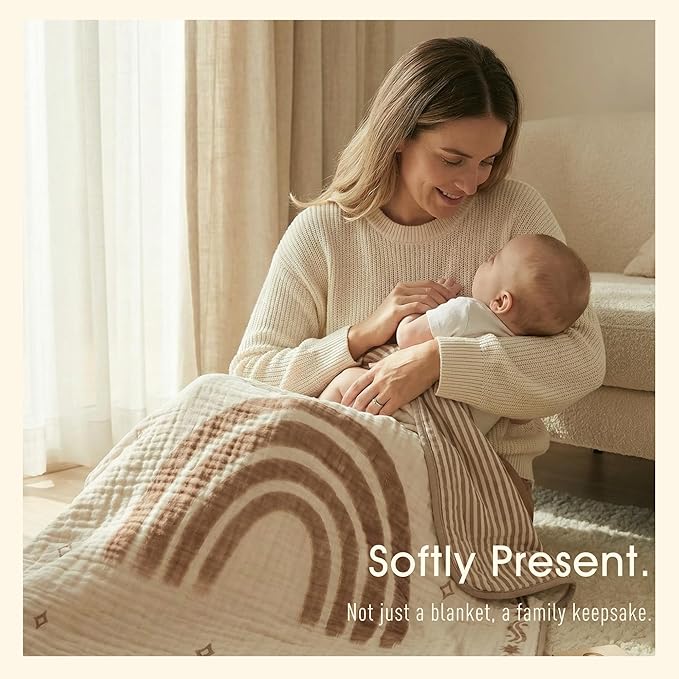 Ultra Soft Muslin Baby Blanket - Made with Organic Cotton, Reversible Rainbow Print & Coffee Striped Jacquard, Swaddle & Crib Quilt, 43x43 Inches (Rainbow Border)