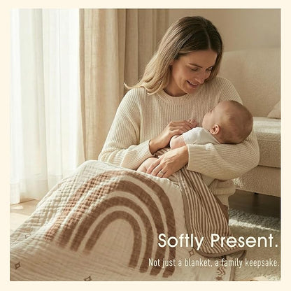 Ultra Soft Muslin Baby Blanket - Made with Organic Cotton, Reversible Rainbow Print & Coffee Striped Jacquard, Swaddle & Crib Quilt, 43x43 Inches (Rainbow Border)
