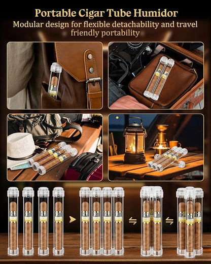 Cigar Tubes, Travel Cigar Humidor with Humidifier, Portable Detachable Storage Tube with Cigar Holder, Ring Guage 57, Airtight Case,4-Piece Gift Set for Men