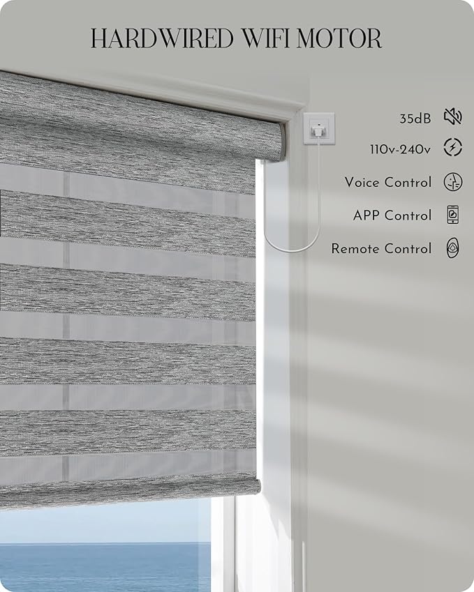 Graywind Motorized Blinds with Remote, Smart Zebra Shades for Windows, Hardwired Roller Blinds Compatible with Apple Homekit, Alexa, Google Home, Custom Size, Bay Fog