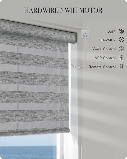 Graywind Motorized Blinds with Remote, Smart Zebra Shades for Windows, Hardwired Roller Blinds Compatible with Apple Homekit, Alexa, Google Home, Custom Size, Bay Fog