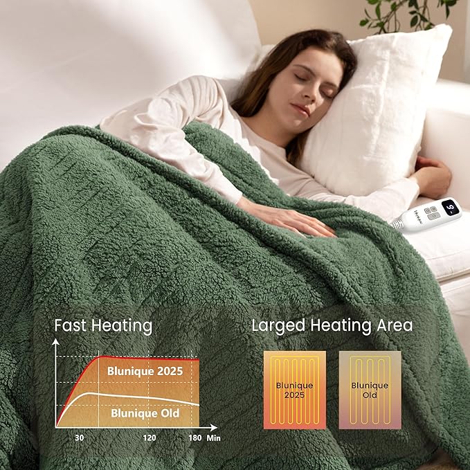 Heated Blanket Electric Blanket Throw - Fast Heating Blanket Throw Double Sided Sherpa Ultra Soft Cozy with 10 Heating Levels & 2-10 Hours Auto Off, Mashine Washable, 50 x 60 Inches, Green