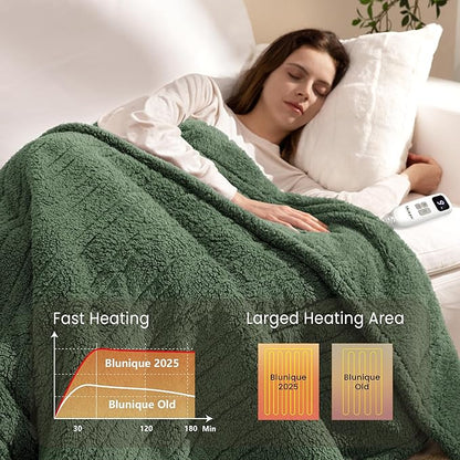 Heated Blanket Electric Blanket Throw - Fast Heating Blanket Throw Double Sided Sherpa Ultra Soft Cozy with 10 Heating Levels & 2-10 Hours Auto Off, Mashine Washable, 50 x 60 Inches, Green