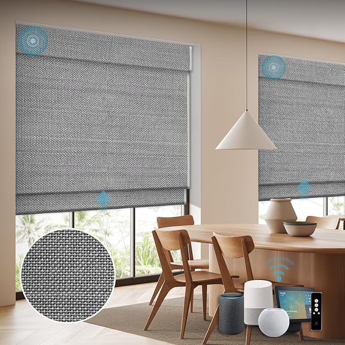 SmartWings Motorized Wood Blinds for Windows, Smart Wooven Shades Blackout/Light fitlering with Remote for Sliding Doors, Work with Matter Homekit Zigbee Alexa Z-Wave Google, Customized, Bamboo 722