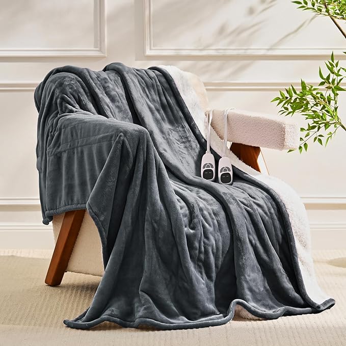 Heated Electric Blanket Queen Size 84"x90" Heating Blanket with Dual Control 9 Heating Levels 10 Timer Modes Auto Off, Fast Heating Over-Heat Protection Ultra Soft Flannel ETL Certified, Dark Gery