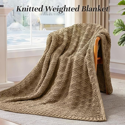 Knitted Weighted Blanket for Adult, Chunky Knit Weighted Throw for Sleep 50"*60" 7lbs, Cooling Breathable Heavy Blanket for Hot Sleepers, Machine Washable Fall Blanket for Room Decor(Beige)