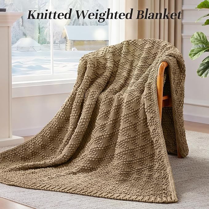 Knitted Weighted Blanket for Adult, Chunky Knit Weighted Throw for Sleep 36"*48" 3lbs, Cooling Breathable Heavy Blanket for Hot Sleepers, Machine Washable Fall Blanket for Room Decor(Beige)