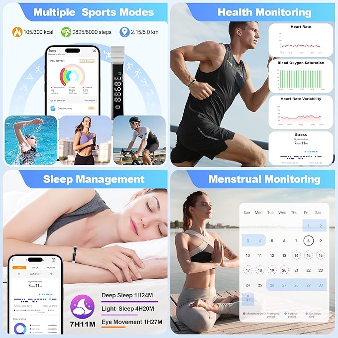 Smart Bracelet for Women Men, Health Activity Fitness Trackers, 24/7 Heart Rate, Blood Oxygen & Stress Monitor, 24H Sleep Tracker, Smart Wristband with Free APP 2 Bands, Grey