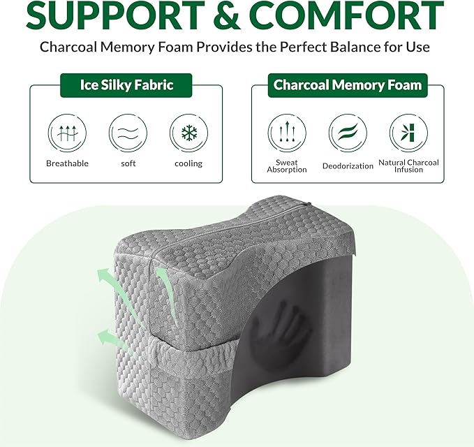 Knee Pillow for Side Sleepers Hip Pain,Charcoal Memory Foam Leg & Knee Pillow for Side Sleeping,Between Leg Pillow for Side Sleepers,Leg Pillow with Straps and Removeable Cover(Grey)