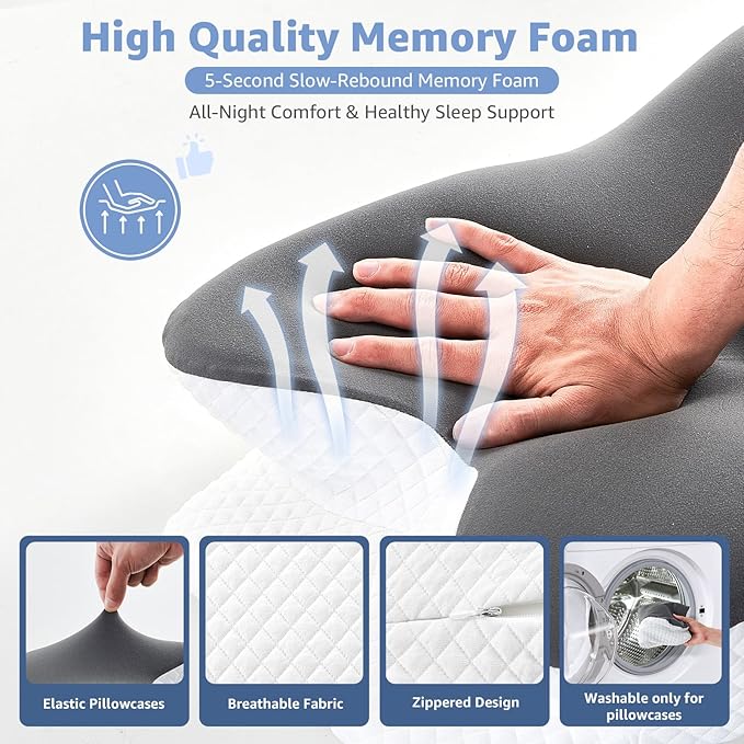 Cervical Pillow for Neck Pain Relief - Ergonomic Contour Memory Foam Pillow with 2 Pillowcases, Orthopedic Neck Support for Side Back Stomach Sleepers