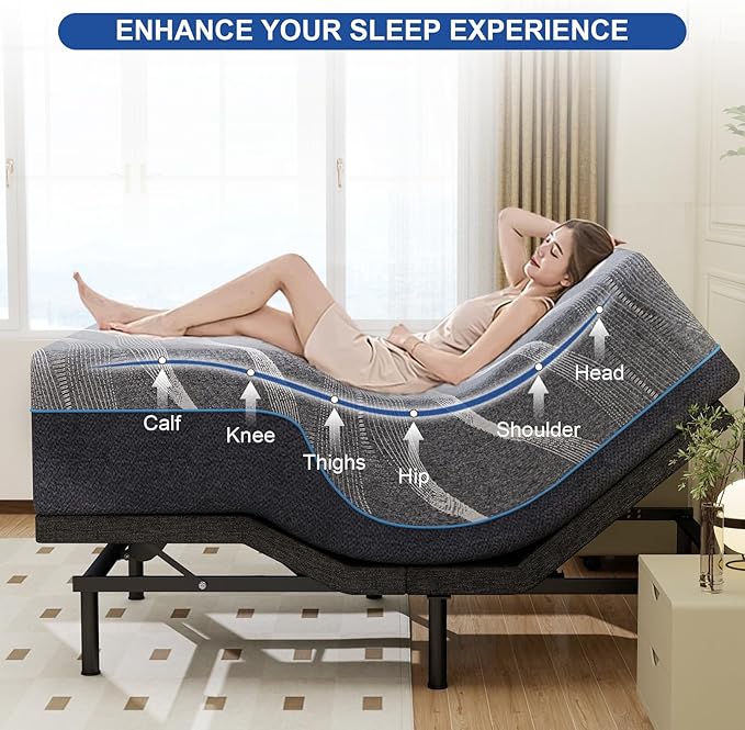 Vipbear Full Adjustable Bed Frame with Mattress, 14 Inch Grey Gel Memory Foam Firm Mattress in Box, Adjustable Bed Base with Pillow-Tilt,APP Control, Updated Electric Beds with USB,Wireless Remote