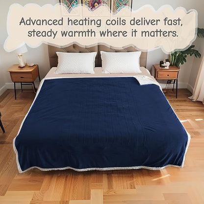 Electric Heated Blanket Queen Size 84"x90", Soft Flannel with Dual Controllers & Overheat Protection, 9 Adjustable Heat Settings & 10-Hour Auto-Off Timer, Fast Heating for Winter Comfort, Navy Blue