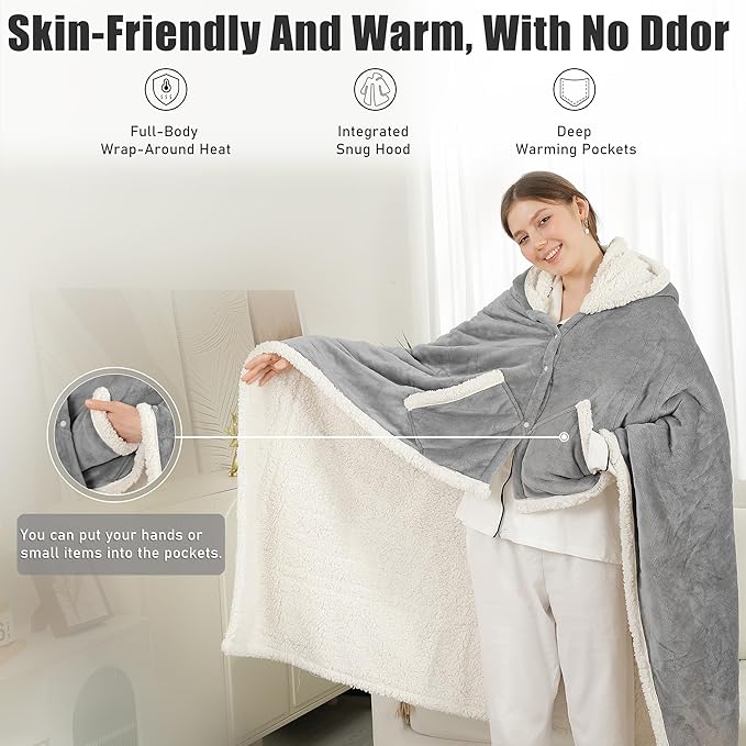 Heated Blanket Wearable Shaw - Electric Wrap Poncho Heated Throw Blanket with Hand Pockets, 50 * 64", 6 Heating Levels & 1-4H Timer, Ideal for Family, Light Grey