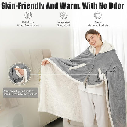 Heated Blanket Wearable Shaw - Electric Wrap Poncho Heated Throw Blanket with Hand Pockets, 50 * 64", 6 Heating Levels & 1-4H Timer, Ideal for Family, Light Grey