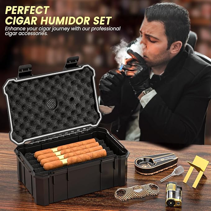 Travel Cigar Humidor Set with Torch Cigar Lighter, V Cigar Cutter, Cigar Ashtray, Cigar Holder, Humidifier & Hygrometer, Portable Travel Cigar Case with Cigar Accessories Kit, Cigar Gifts for Men
