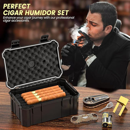 Travel Cigar Humidor Set with Torch Cigar Lighter, V Cigar Cutter, Cigar Ashtray, Cigar Holder, Humidifier & Hygrometer, Portable Travel Cigar Case with Cigar Accessories Kit, Cigar Gifts for Men