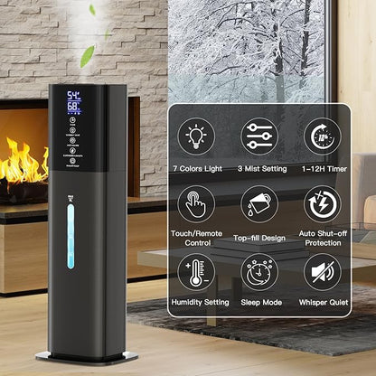Humidifiers Large Room Bedroom with 7 Colors Light, 2.1Gal(8L) 3 Speed Quiet Ultrasonic Cool Mist Humidifier with 360° Nozzle, Humidity Setting, Timer,Aroma Box for Home Plant Baby Yoga Sleep (Gray)