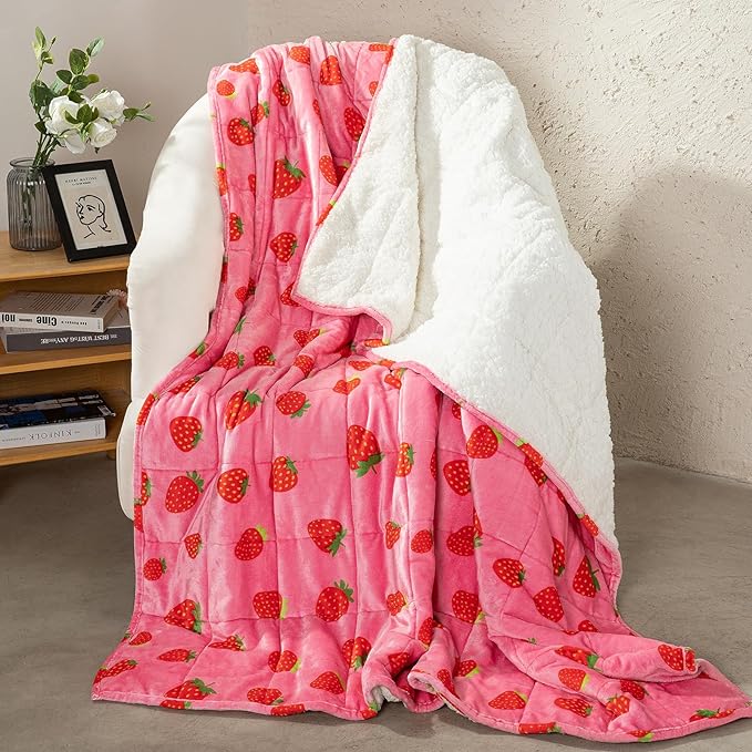 Aemicion Weighted Blanket Queen Size 15 Pounds 60"x80",Soft Fluffy Fleece Sherpa Weighted Blankets for Adults,Cute Pink Strawberry Heavy Blanket Weighted as Gift Ideas for Women Teen Girls
