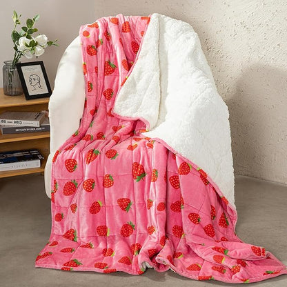 Aemicion Weighted Blanket Queen Size 15 Pounds 60"x80",Soft Fluffy Fleece Sherpa Weighted Blankets for Adults,Cute Pink Strawberry Heavy Blanket Weighted as Gift Ideas for Women Teen Girls