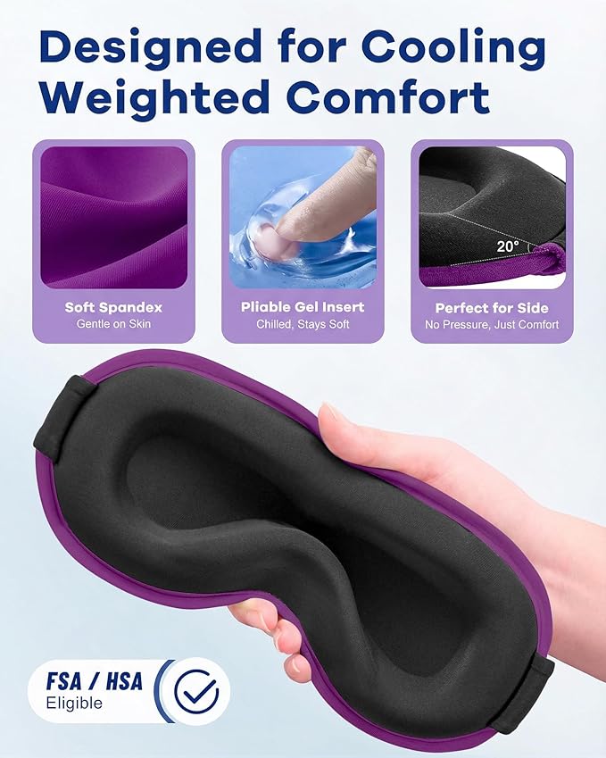 6oz Weighted Cooling Gel Sleep Mask for Senior Relaxation, 3D Blackout Eye Mask for Seniors Adults & Light Sleepers, Gentle Chill, Eyelash Friendly, Adjustable Strap, Travel Bag (Purple)