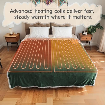 Electric Heated Blanket Queen Size 84"x90", Soft Flannel with Dual Controllers & Overheat Protection, 9 Adjustable Heat Settings & 10-Hour Auto-Off Timer, Fast Heating for Winter Comfort, Dark Green