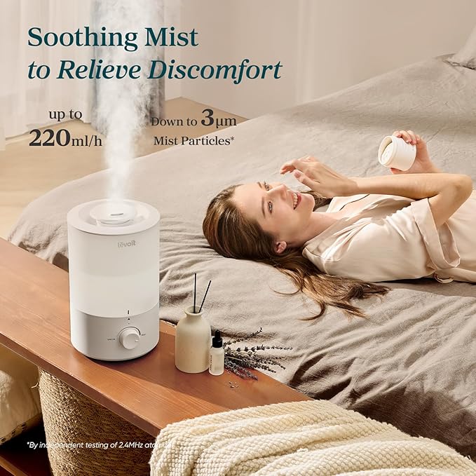 LEVOIT - Humidifiers for Bedroom - Quiet (3L Water Tank) - Cool Mist/Top Fill/Essential Oil Diffuser/25Watt - Home/Large Room - 360° Nozzle - Rapid Ultrasonic Humidification for Baby Nursery/Plant