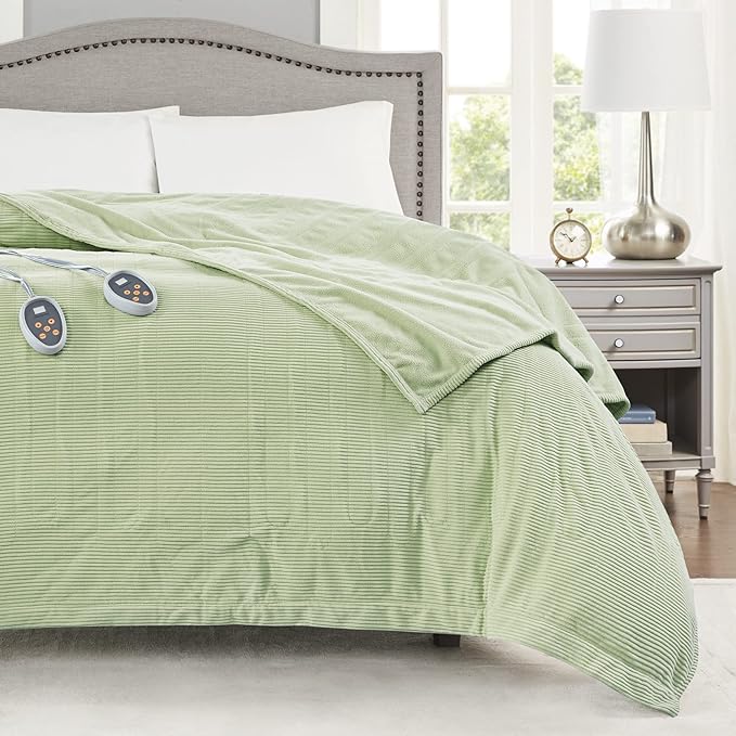 Beautyrest Electric Blanket Luxurious Micro Fleece Ultra Soft Ribbed Textured, Cozy and Snuggly Cover for Cold Weather, Fast Heating, Auto Shut Off, 20 Level Heat Setting Controller, Twin, Green